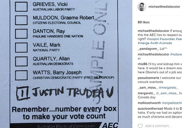 Another voter decided they'd prefer to have the option of voting in Canadian prime minister Justin Trudeau. Photo / Instagram
